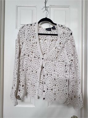 Crochet Lace Button-Front Cardigan Sweater in Cream